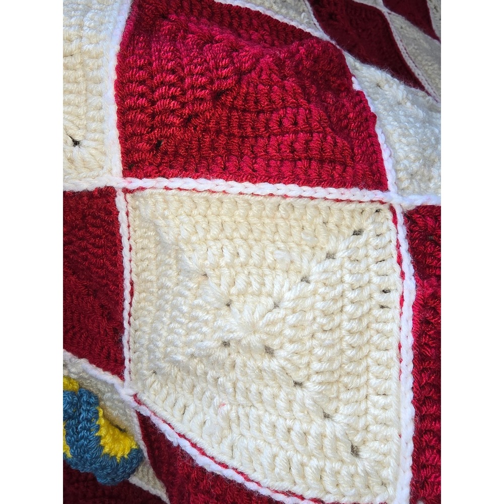 Vintage Handmade Crochet Afghan Blanket Red Cream Checkered 3D Floral Applique - Picture 4 of 4